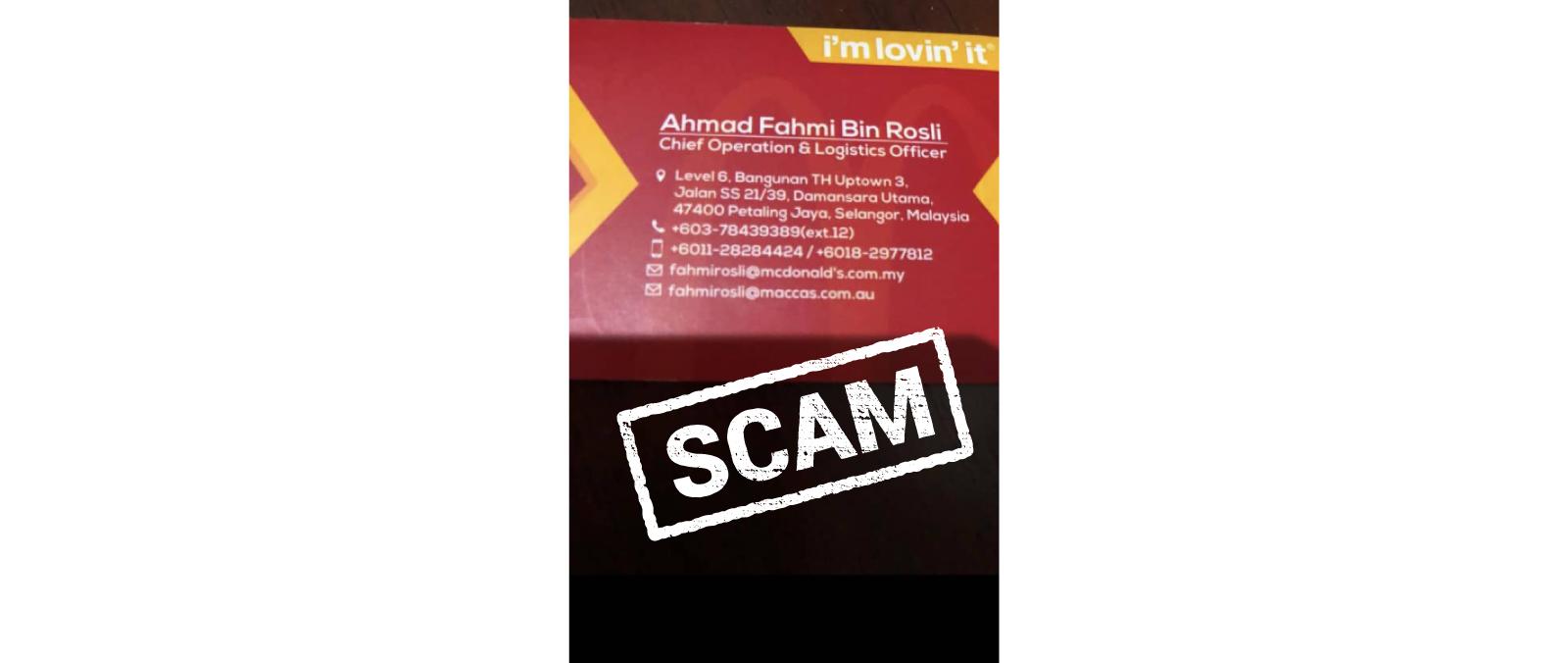 SCAM – IMPERSONATION AS A McDONALD’S MALAYSIA EMPLOYEE's image'