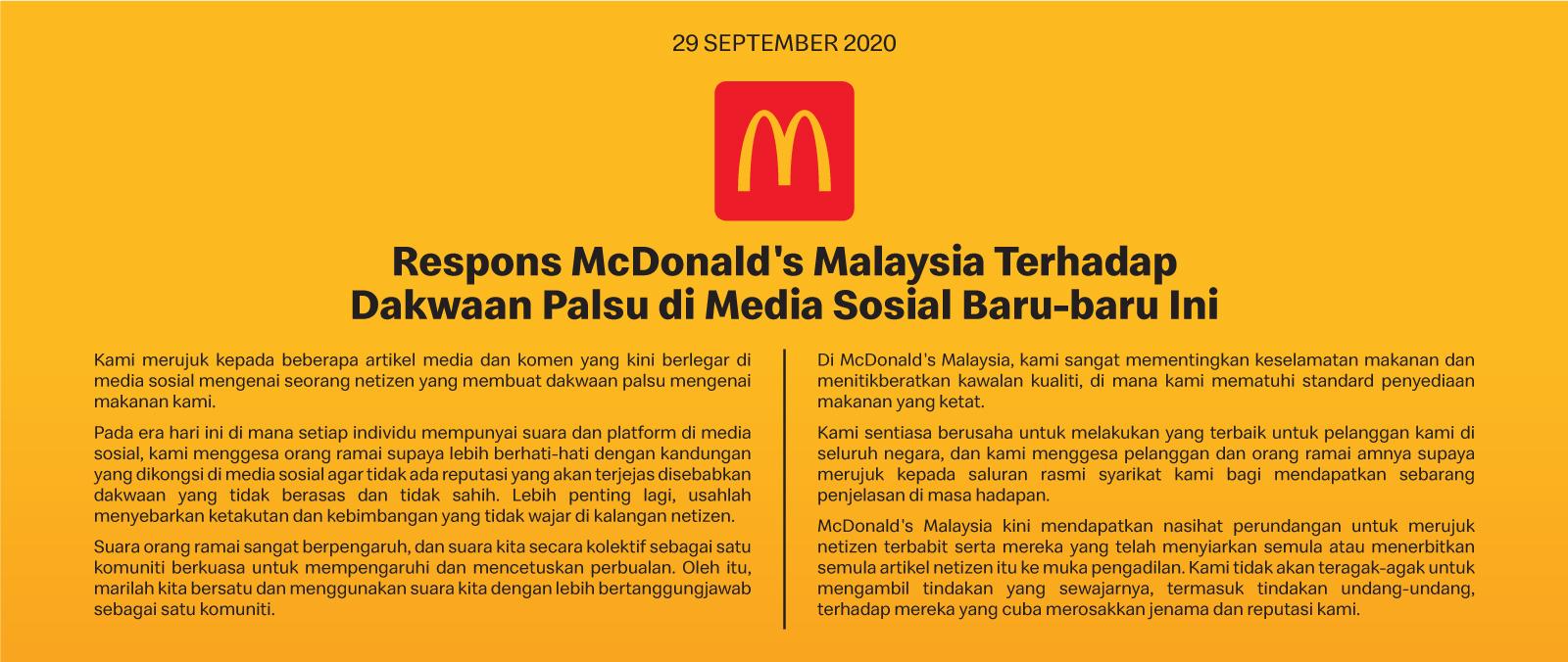 Respons McDonald's Malaysia Terhadap Dakwaan Palsu di Media Sosial Baru-baru Ini's image'
